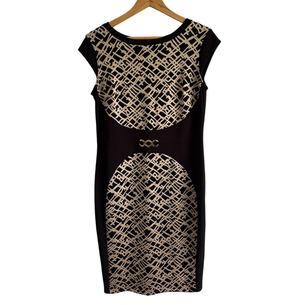 Joseph Ribkoff Dress Size UK 16 Black Gold Knee Length Geometric