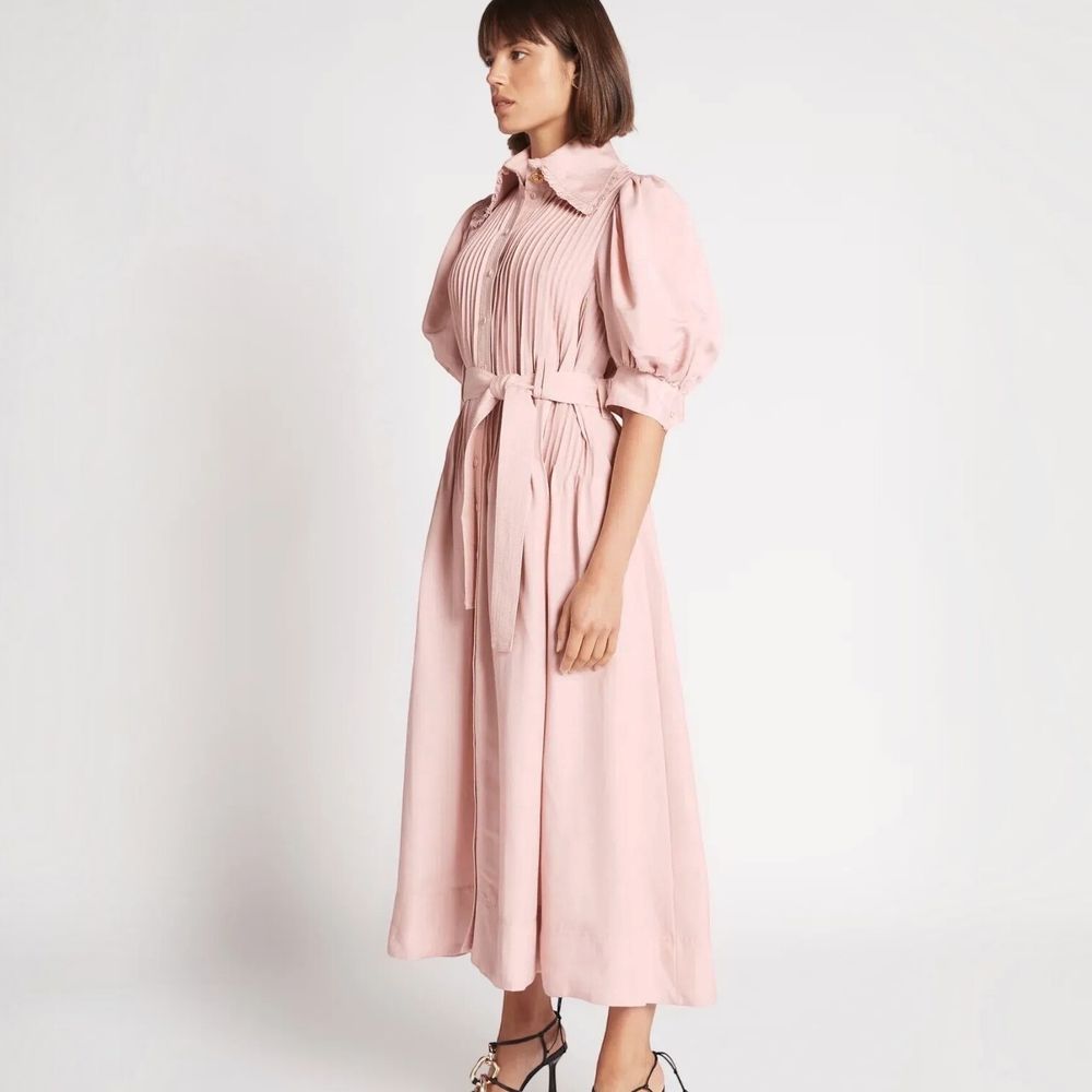 Aje Madeleine Dress Size AU 8 Midi Dusty Pink Linen Cotton Blend Belted