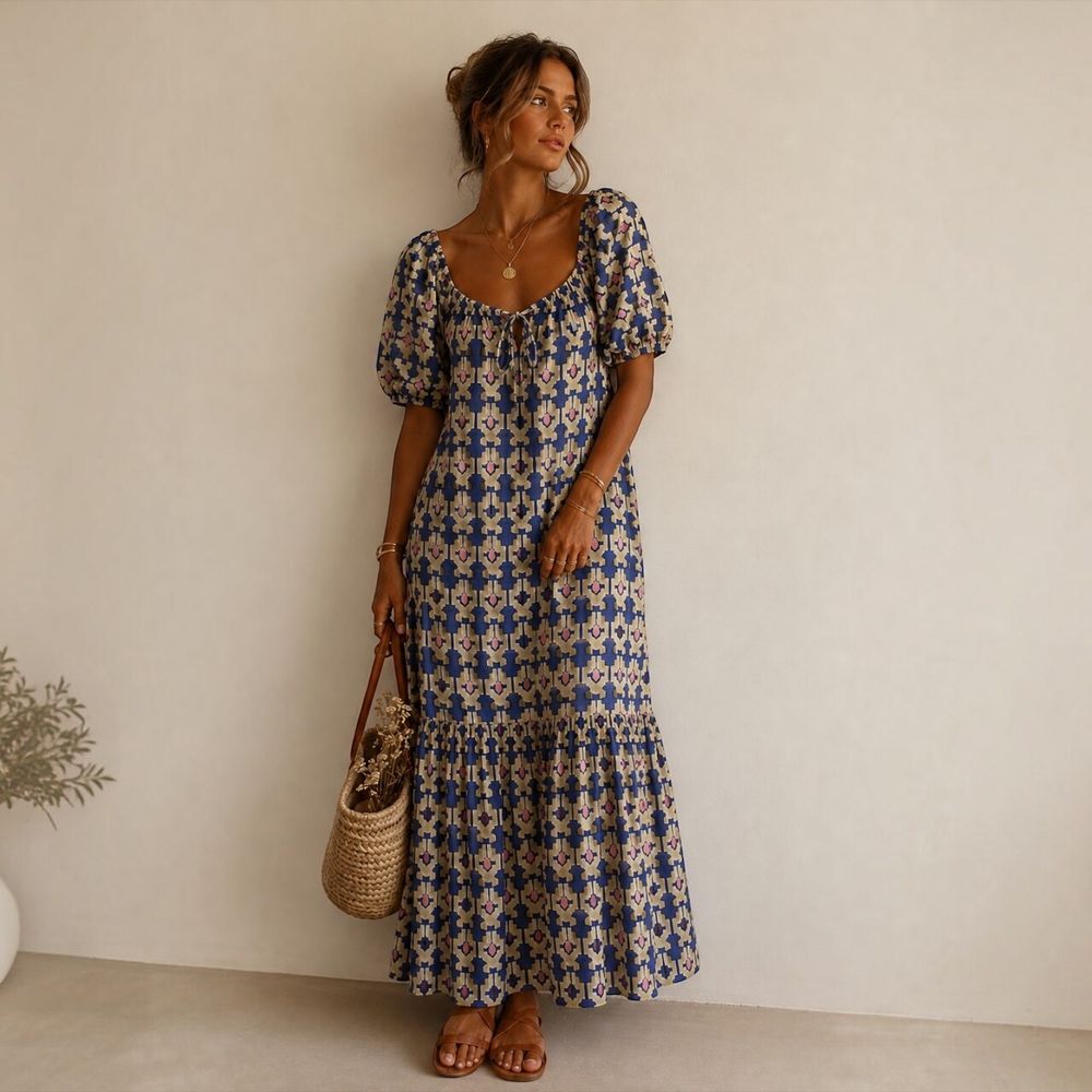 Zara Maxi Dress Medium Cotton Puff Sleeve  Boho Summer Blue Cream Pink