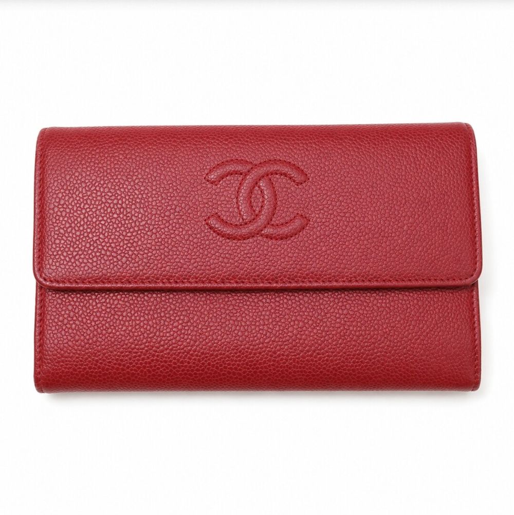 Authentic Chanel classic Red caviar Leather Wallet