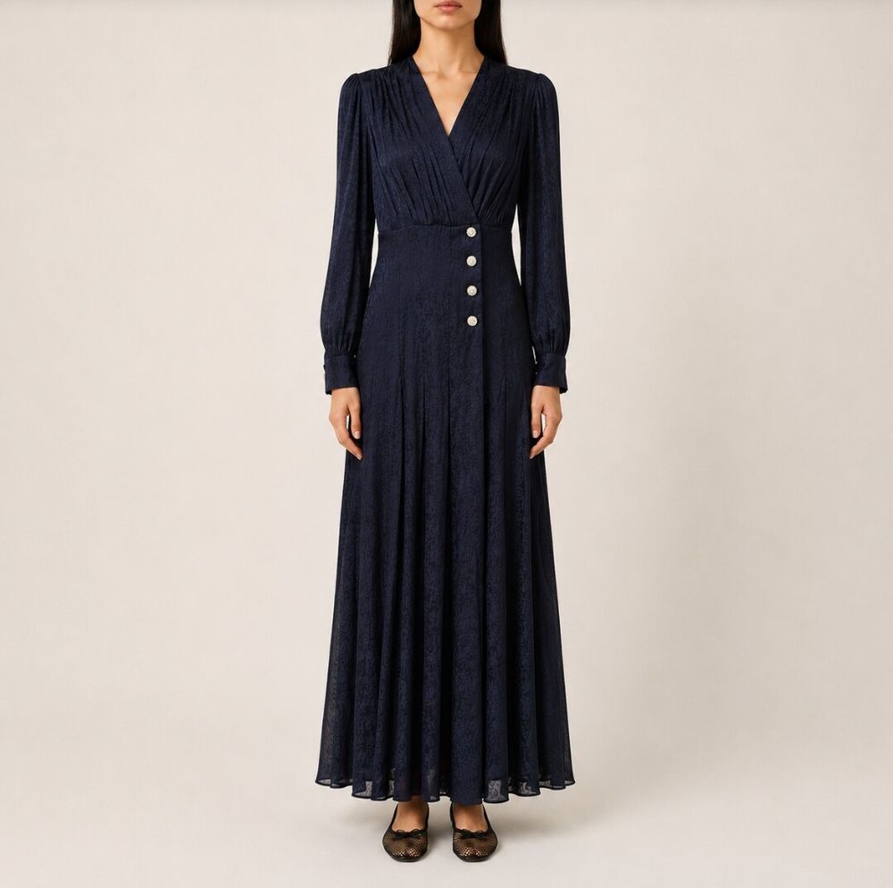 Sandro Navy Blue Maxi Vintage Look Dress