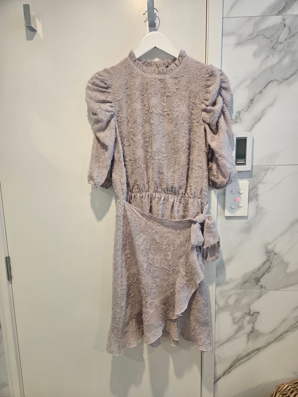 Lavendar/Grey puff sleeve mini wrap dress