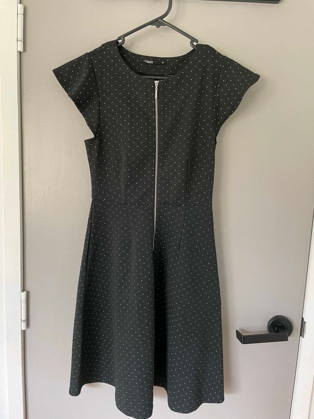 Tokito Black Textured Mini Dress - Size 8 - White Polka Dot