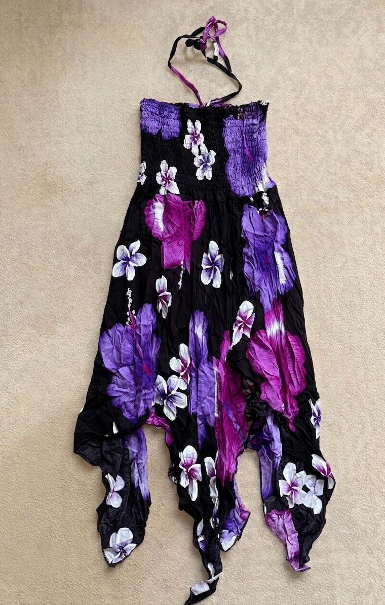 Siam Summer Halter Dress - Purple Hibiscus Floral - Shirred Bodice - S