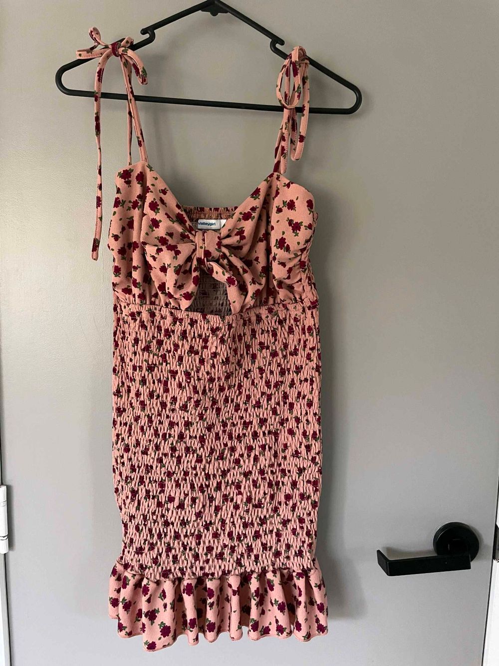 Valleygirl Floral Smocked Mini Dress Size L - Pink Red Shirred Tie Strap Boho