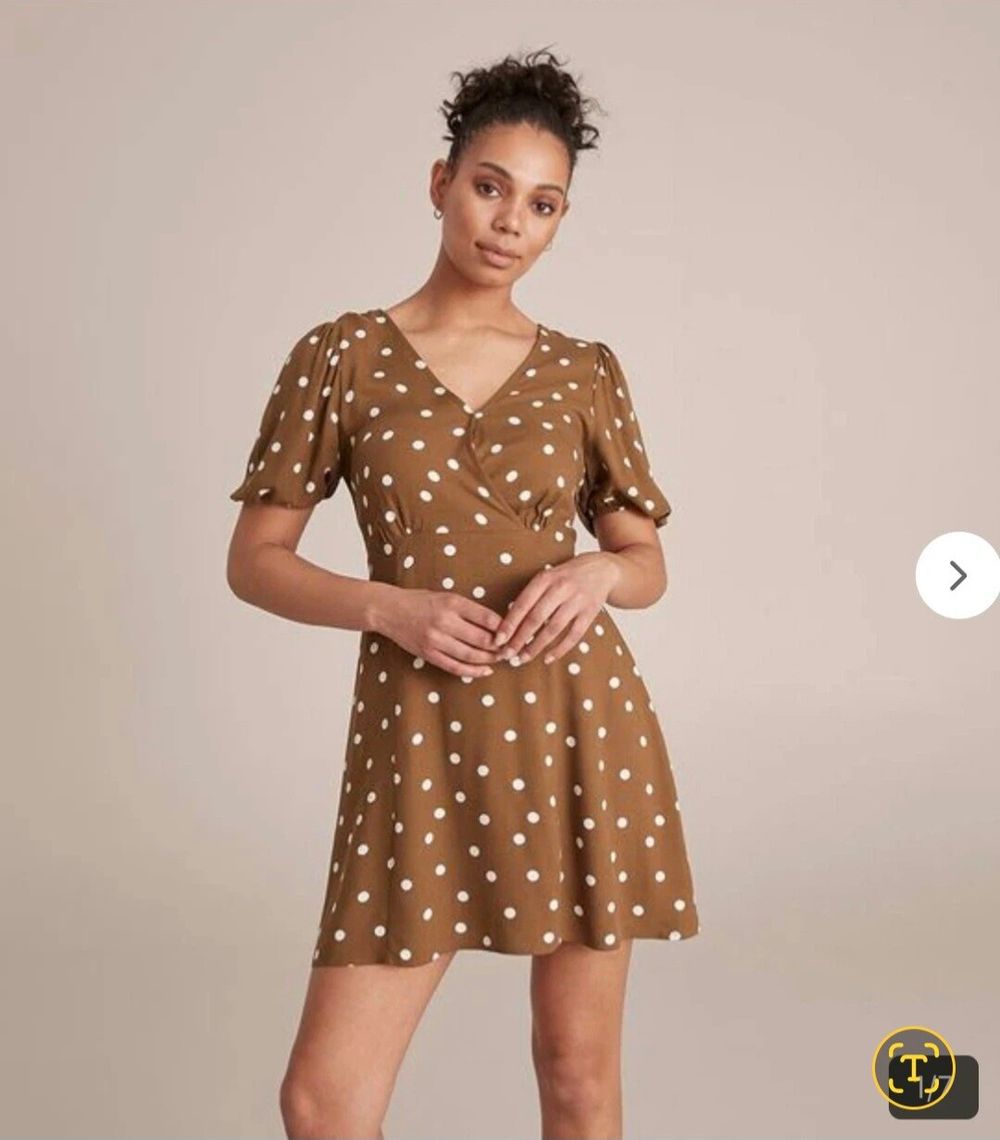 Summer Dress Brown Wrap V-Neck Mini Lily Loves Size 10 Nursing Polka Dots Puffed
