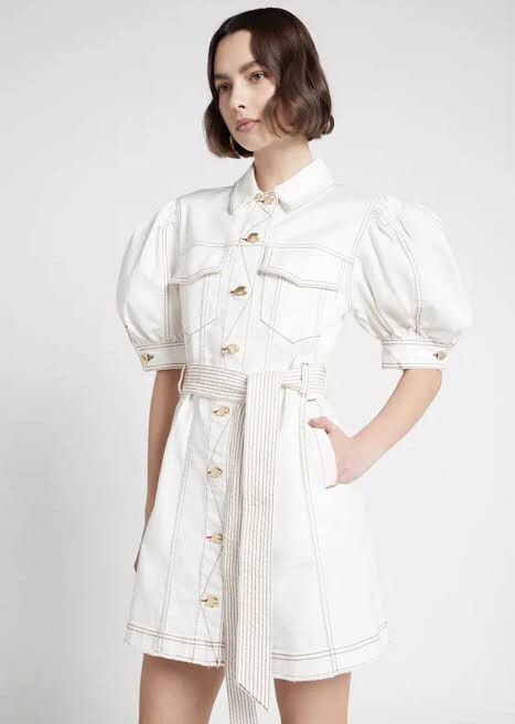 Aje - AJE 'Tori' White Denim Puff Sleeve Dress With Tan stitching on  Designer Wardrobe