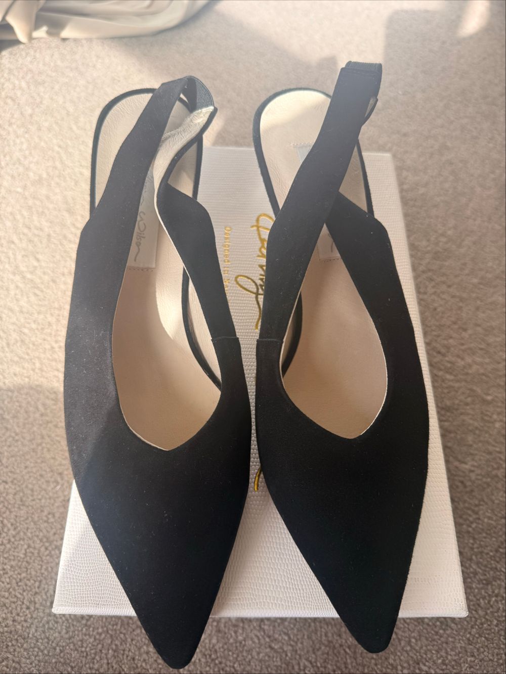 Gorgeous black suede sling backs