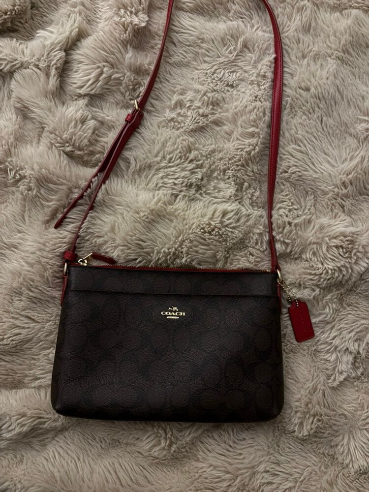Coach signature PVC brown leather & red crossbody