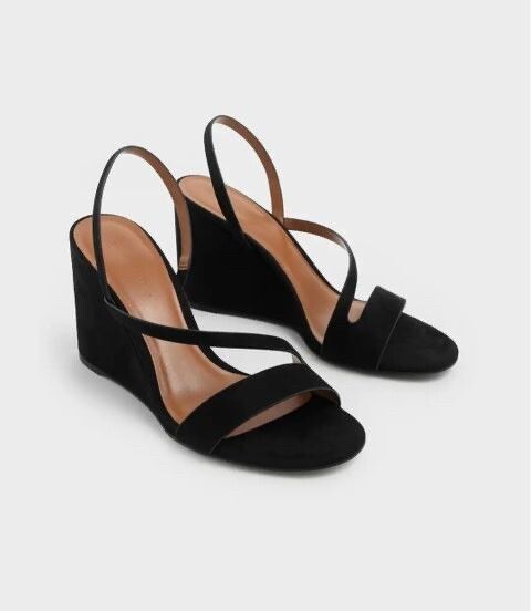 Charles & Keith Black Suede Wedge Sandals