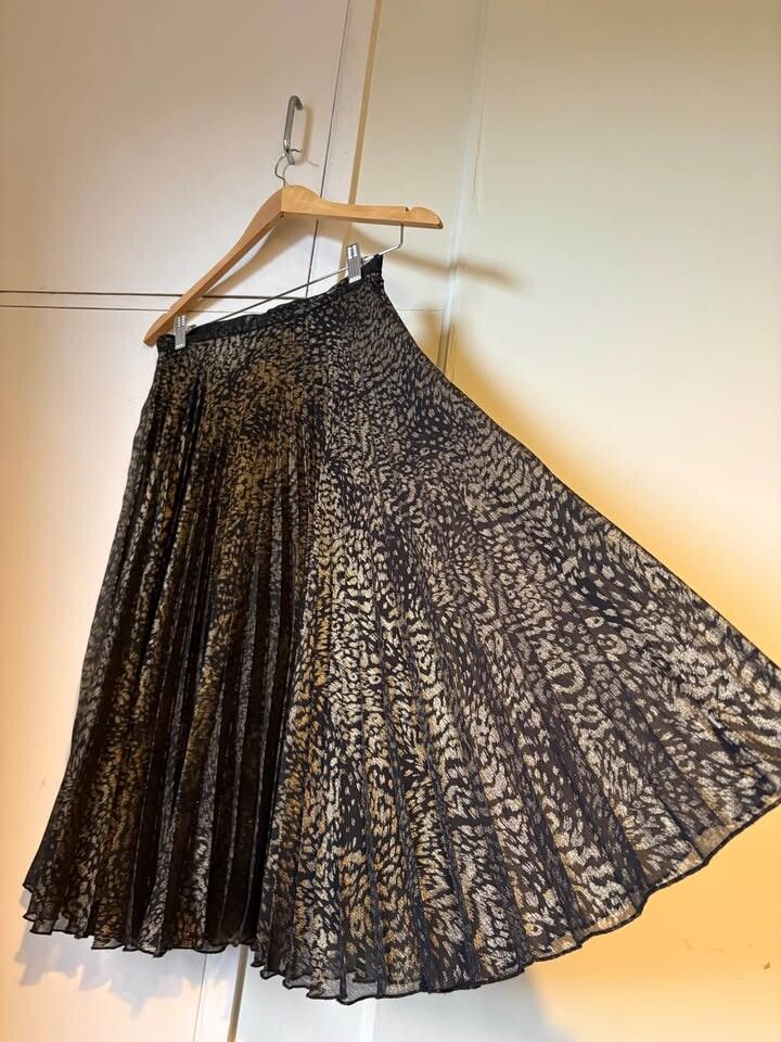 Black Animal Print Pleated Midi Skirt