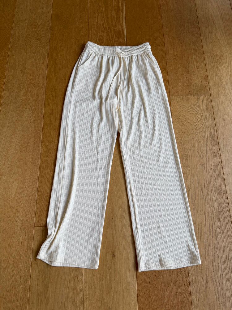 Cream Ribbed Wide Leg Pants