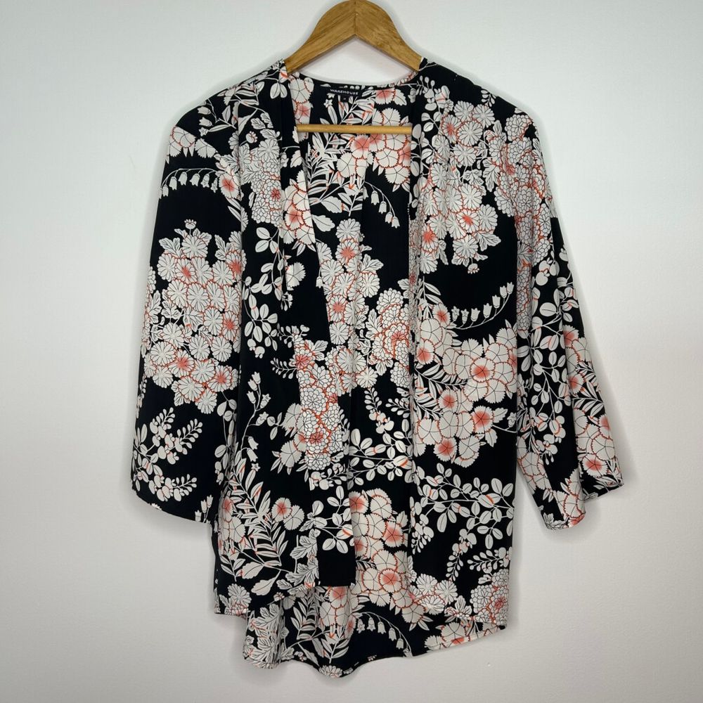 Warehouse UK Floral Kimono Jacket Black White Coral Print Size M