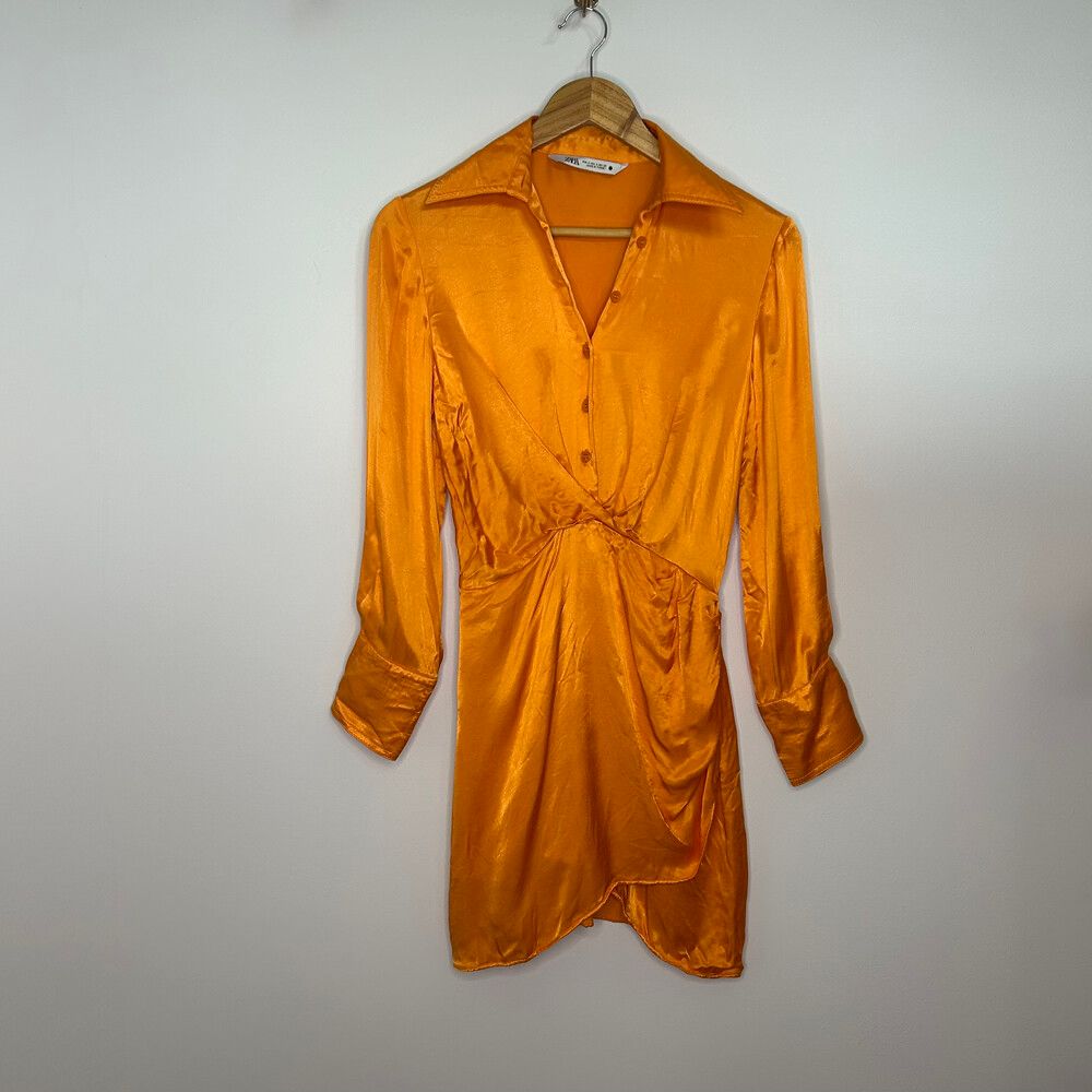 ZARA Wrap Mini Dress Orange | Size S | Long Sleeve Shirt Dress