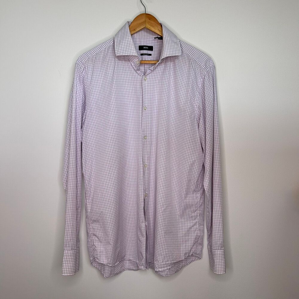Hugo Boss Regular Fit Lilac Check Cotton Shirt – Size 42 / 16.5