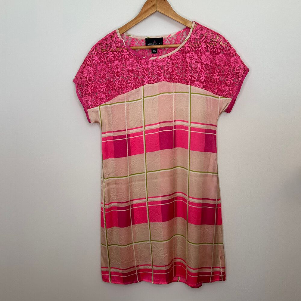 Augustine International Silk Lace Dress – Pink Plaid – Size XS