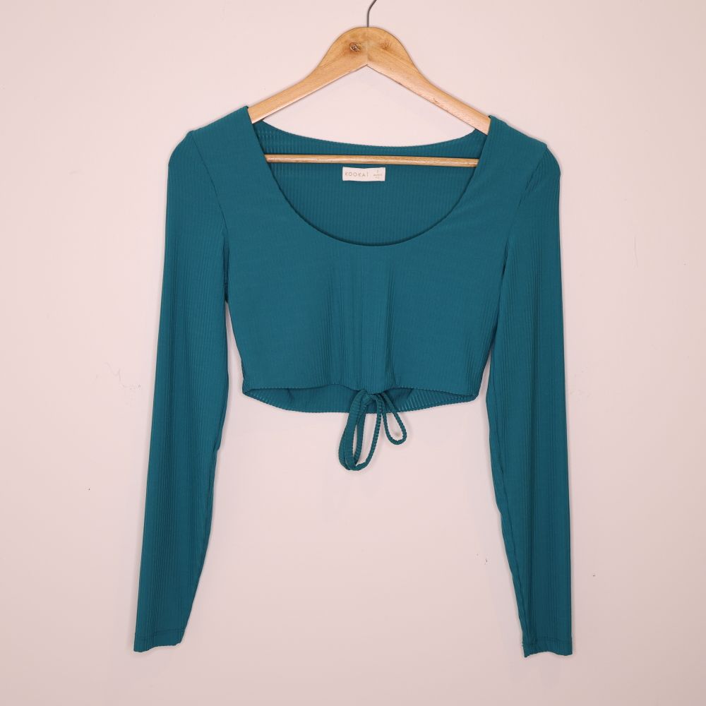 Kookai Teal Ribbed Long Sleeve Tie Front Crop Top Size 0 (NZ 6)