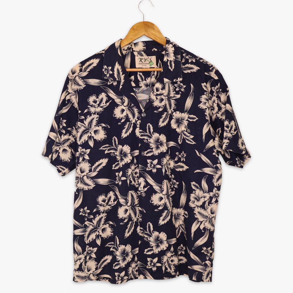 Ky's Hibiscus Hawaiian Shirt Navy Cream Size M