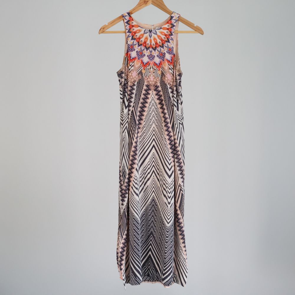 100% Silk Graphic HD in Paris Maxi Dress Pink Multi NZ 10