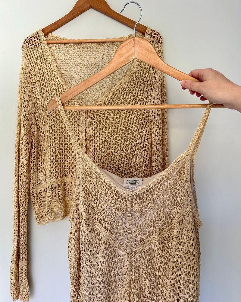 1990s Vintage Laura Ashley Gold Crochet Cami + Cardigan Set