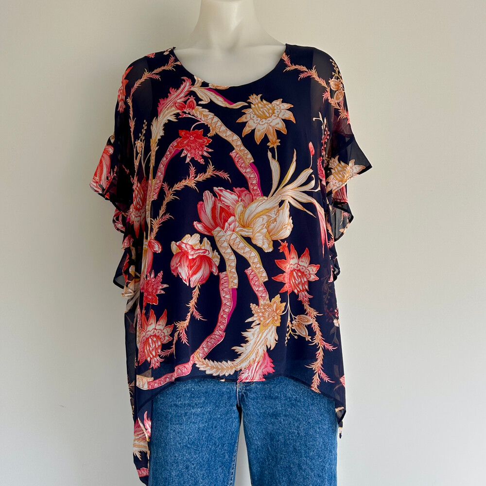 Loobie’s Story Silk Floral Frill Sleeve Asymetric Blouse