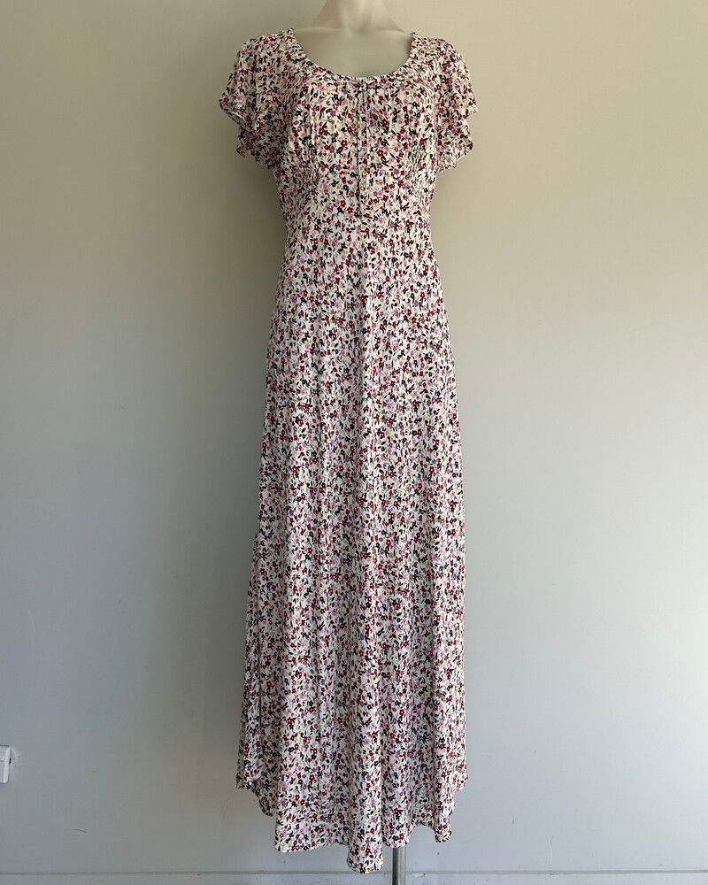Max Floral Bias Cut Midi-Maxi Dress with Flutter Sleeves, Tie Neck