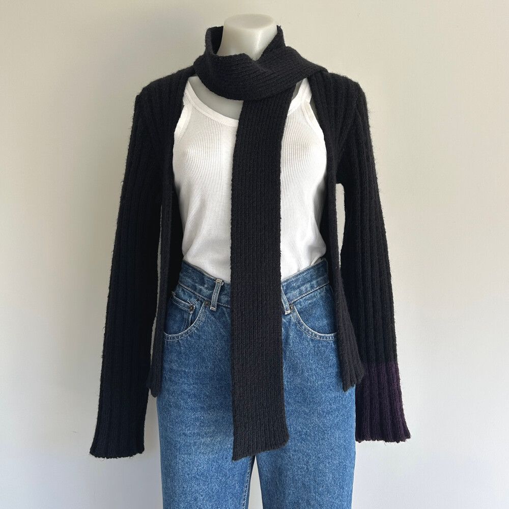 Nom*D Black Wool Mohair Chunky Rib Cardigan w/ Detachable Scarf