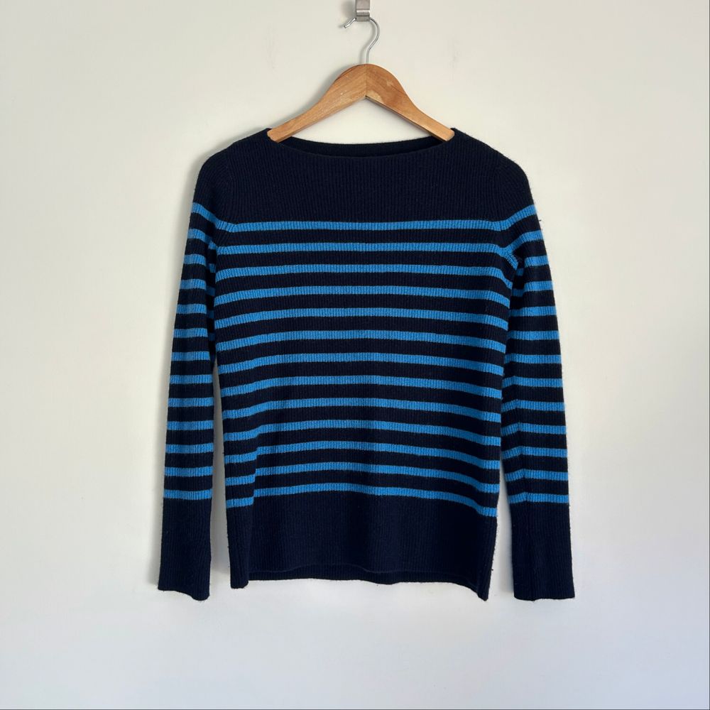Vince Navy + Blue Stripe Ribbed 100% Cashmere Sweater