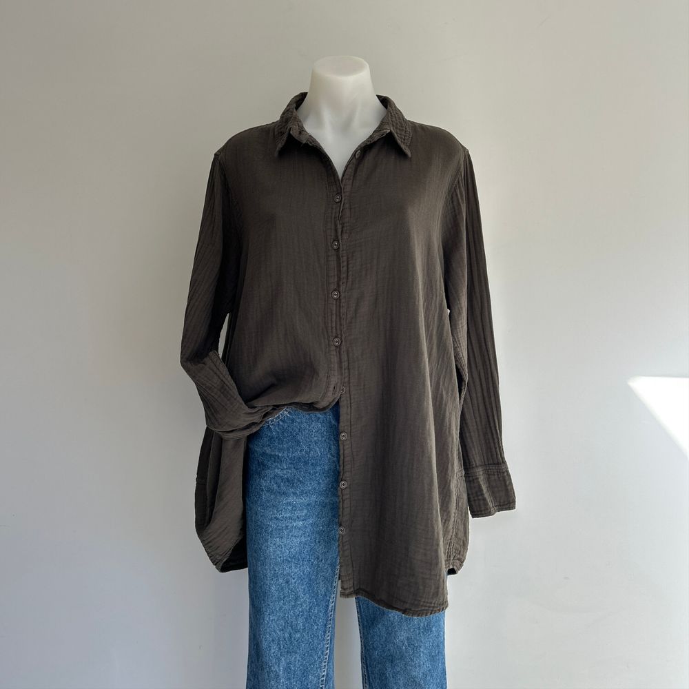 Sills Khaki Green Organic Cotton Muslin Loose Fit Shirt