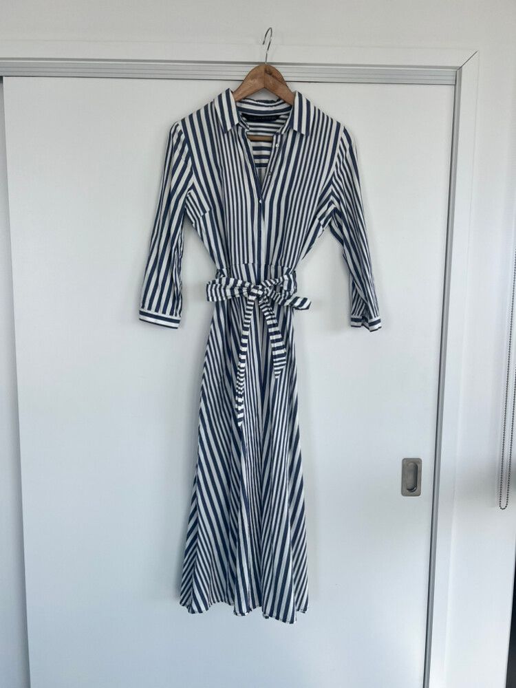Zara - Zara Woman Blue White Stripe Midi Shirt Dress on Designer Wardrobe