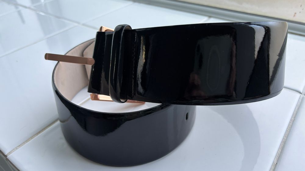 Cue Black Patent Leather Wide Waist Belt w/ Rose Gold Buckle - Large
