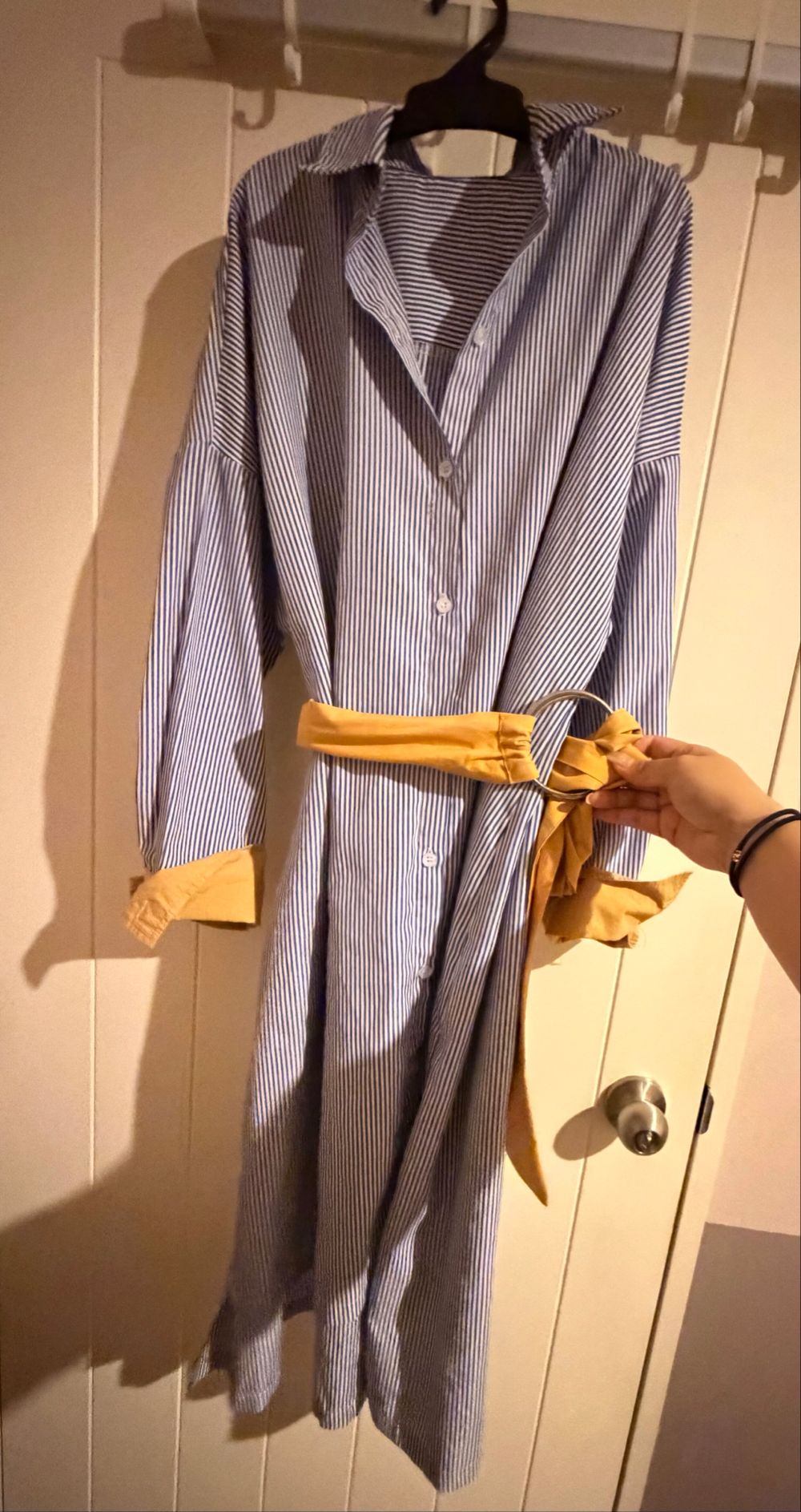 Blue and White Striped Shirt Dress with Yellow Belt