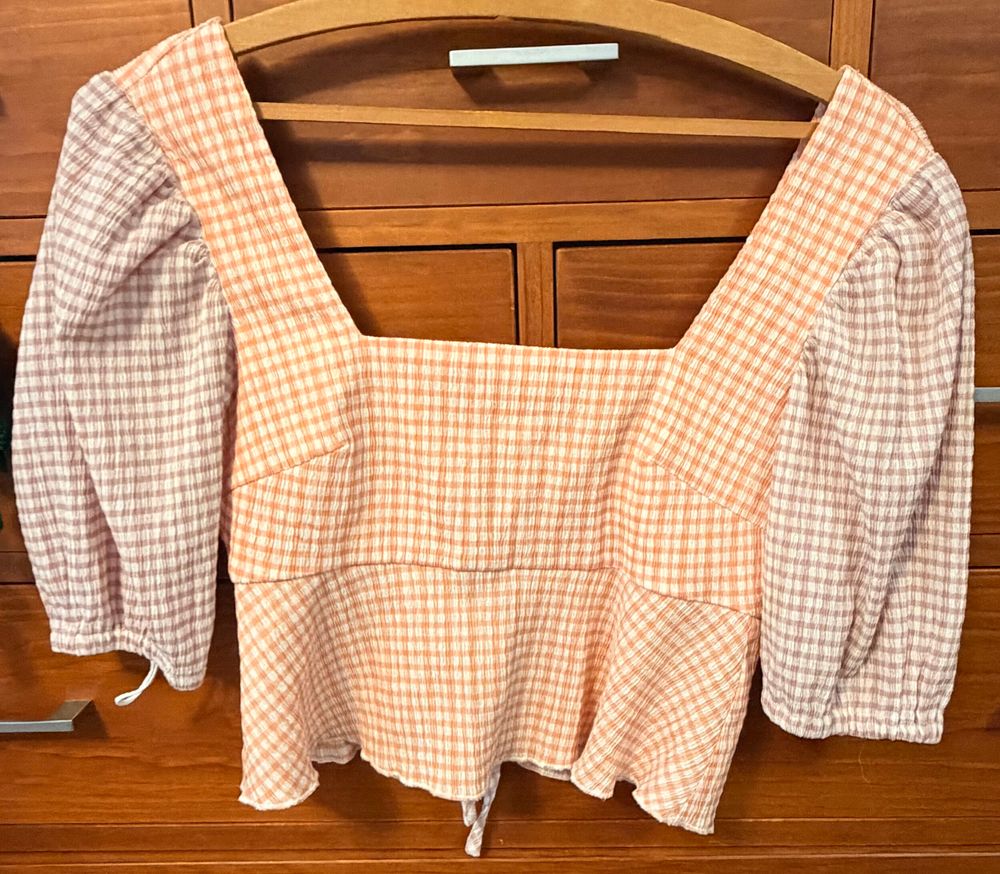 OWNLEY Orange and Pink Gingham Check Blouse