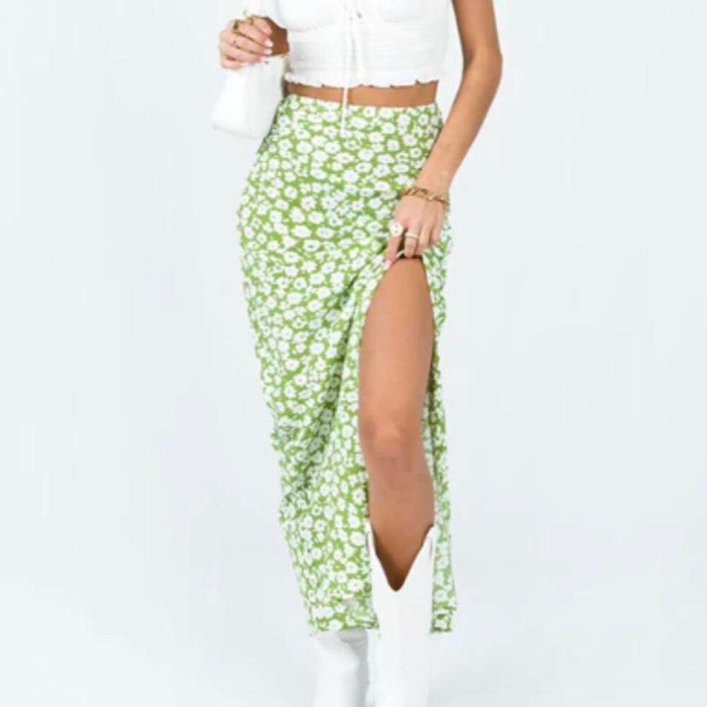 Green floral midi skirt
