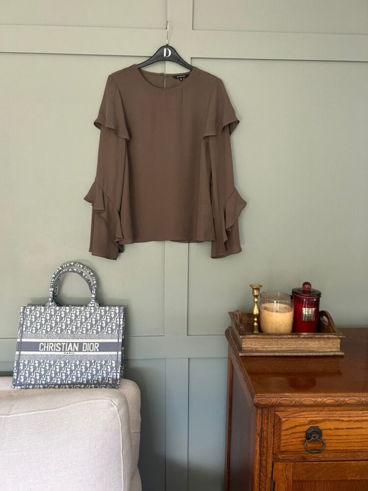 PORTMANS Khaki Ruffle Long Sleeve Blouse – Size 8 |S Workwear