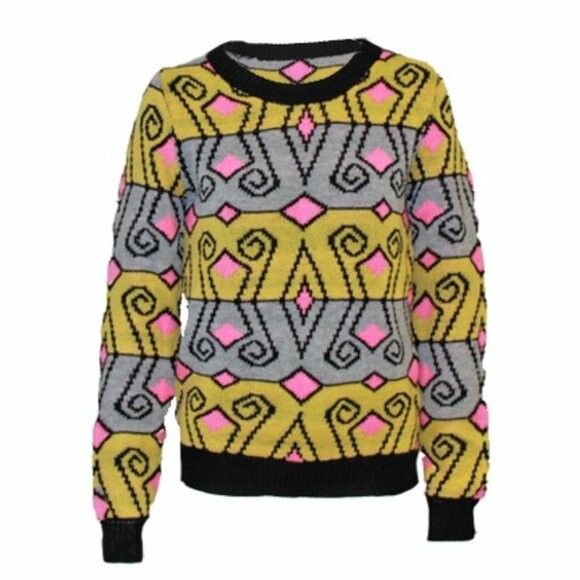 Bold Yellow Pink Cotton Knit Crew Neck Sweater Jumper