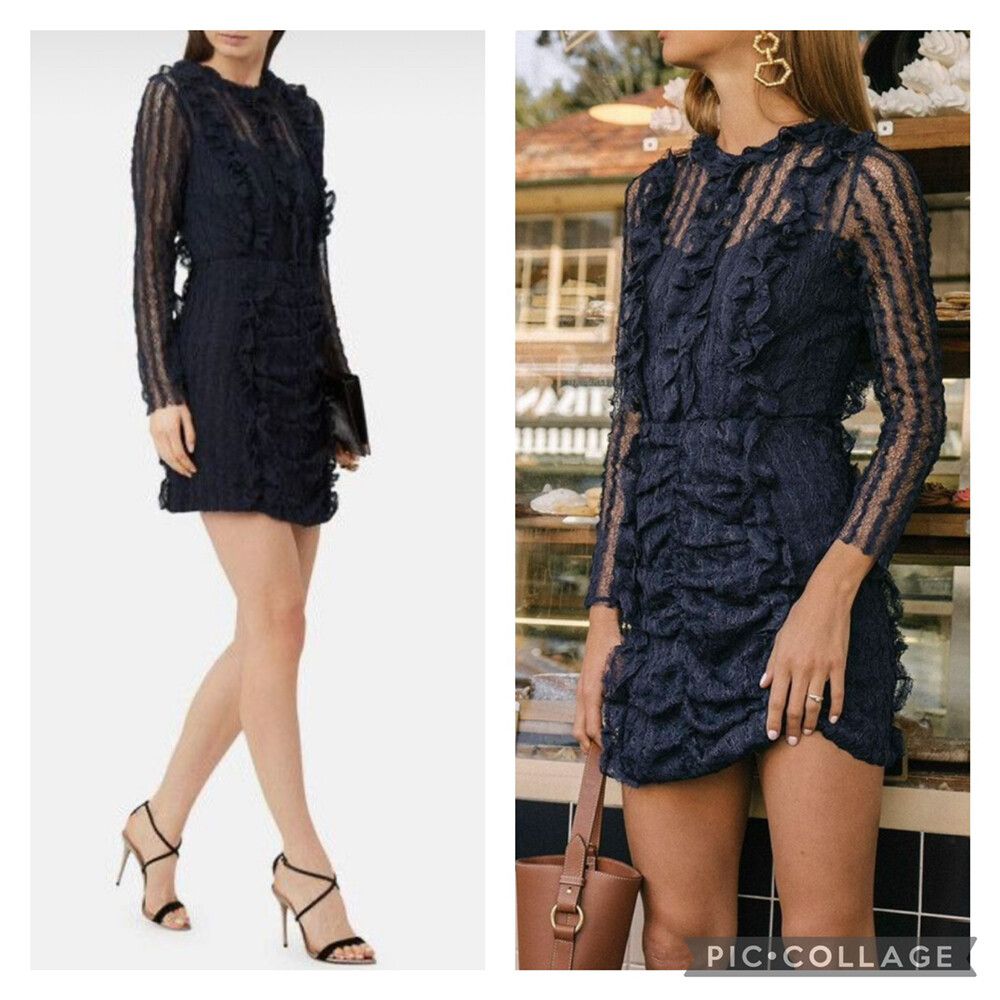 STEVIE MAY Avignon Lace Navy Ruffle Long Sleeve Mini Dress RRP$260