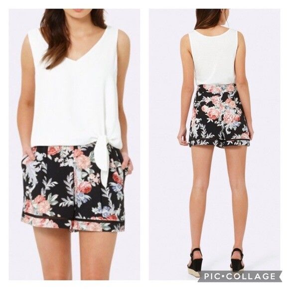 FOREVER NEW Faye Flippy Trim Black Floral High Waisted Dress Shorts NWT