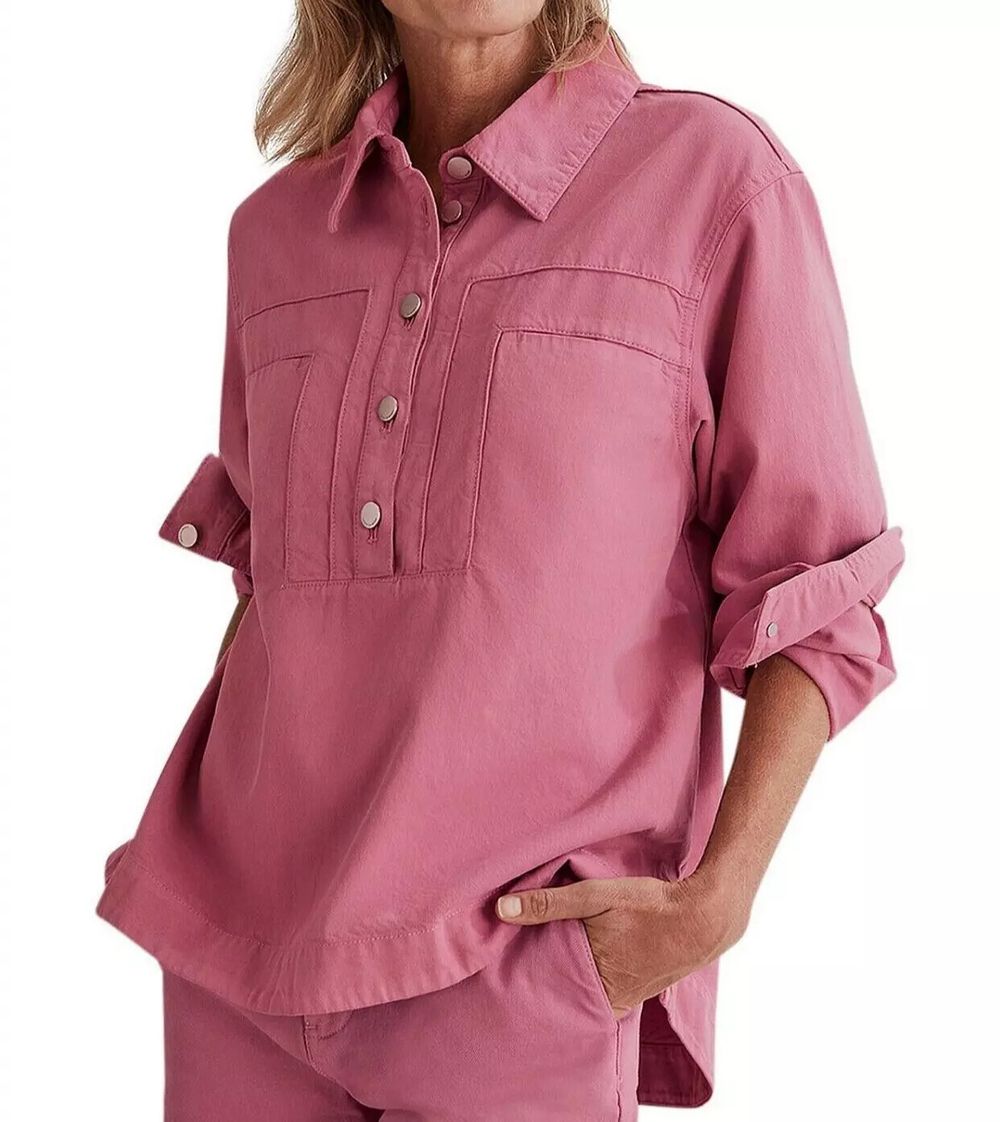 COUNTRY ROAD Denim Popover Rose Pink Winter Long Sleeve Shirt RRP$139