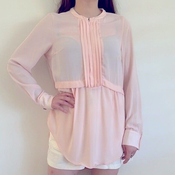 SHEIKE Pastel Pink High Neck Long Sleeve Office Blouse Shirt