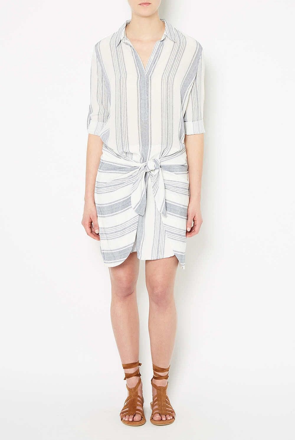 WITCHERY White Blue Stripe Tie Front Mid Sleeve Shirt Dress