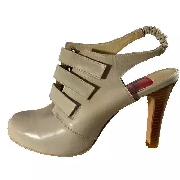 ZOE KRATZMANN Leather Nude Beige Velcro Slingback Bootie Heels