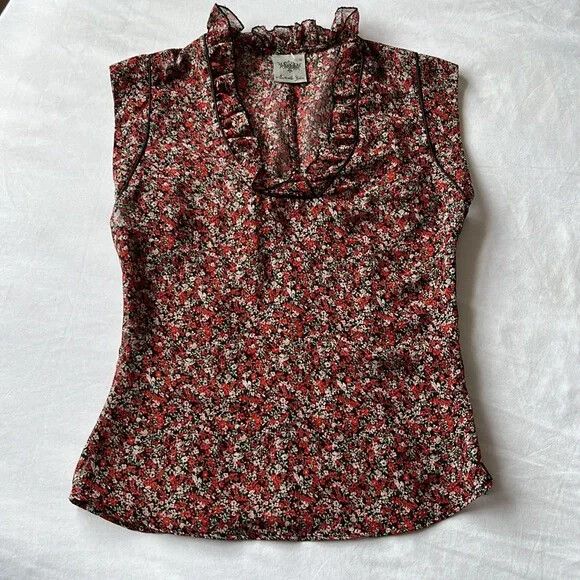 NATASHA GAN Sheer Floral Black Pink Red Ruffle Trim Top Blouse