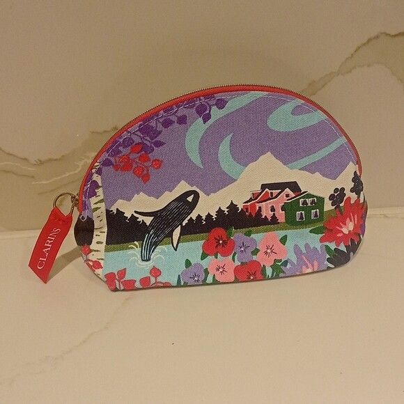 CLARINS Landscape Print Pink Purple Canvas Makeup Pouch Zip Bag NWOT