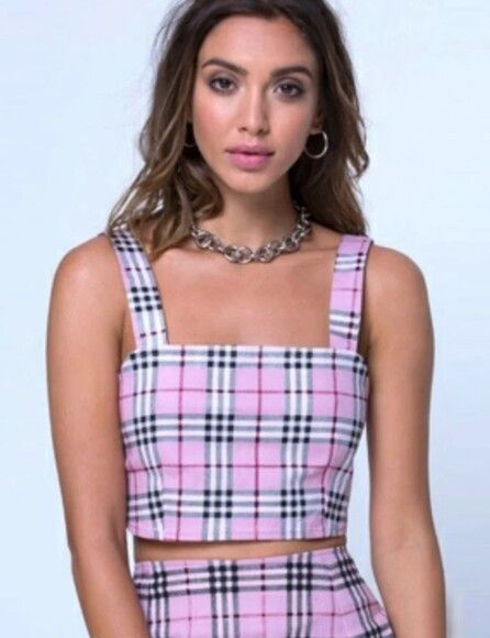 MOTEL ROCKS Ramona Plaid Check Pink White Black Cami Crop Top Nwt