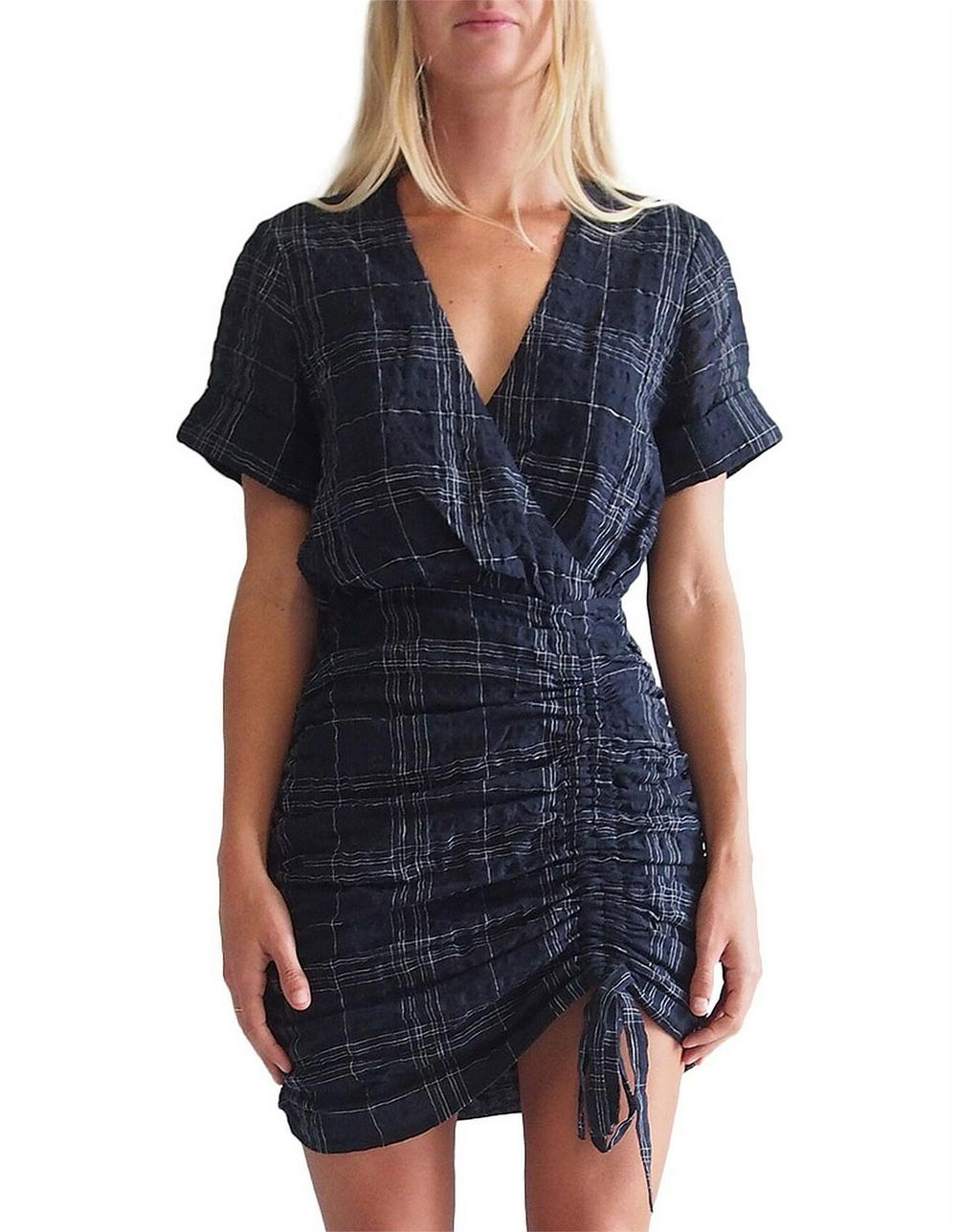 THE EAST ORDER Freja Navy Blue Picnic Check Wrap Ruched Mini Dress NWT
