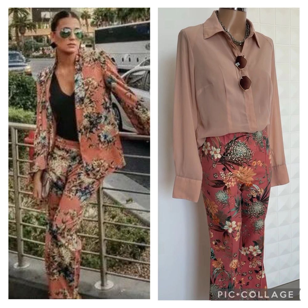 ZARA Pink Floral Tailored Office Trousers Pants