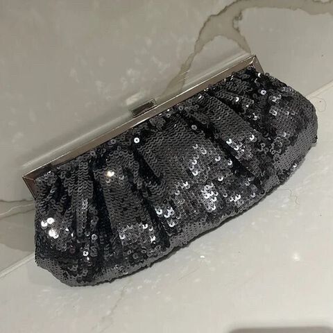 Black Silver Satin Sequin Sparkly Glam Evening Clutch Bag Purse