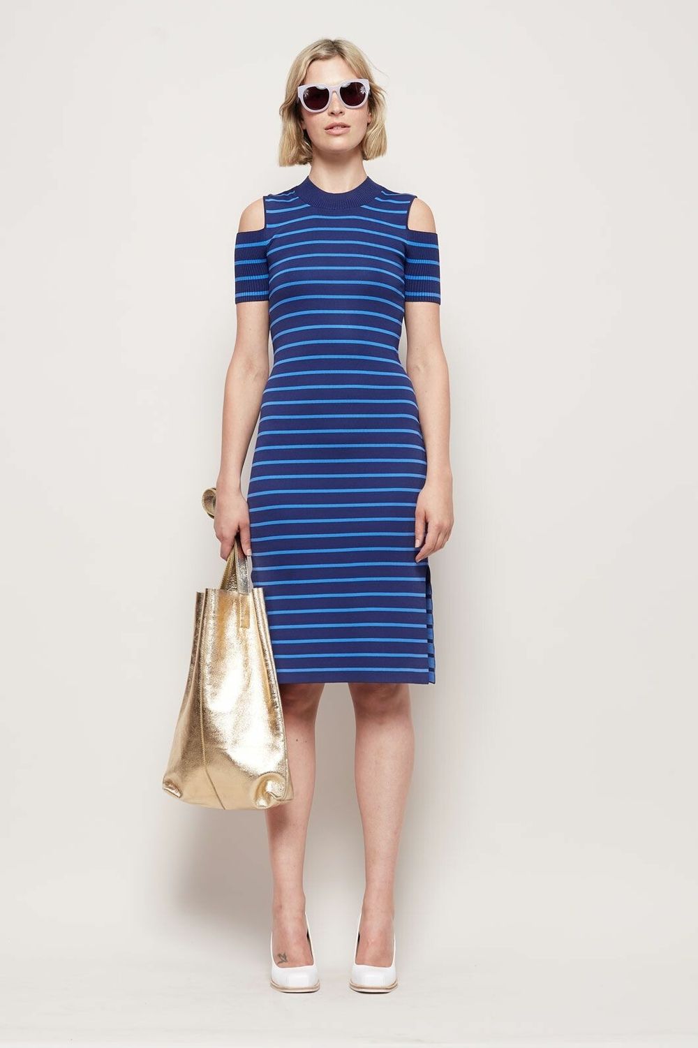 GORMAN Lola Stripe Blue Cold Shoulder Knit Midi Dress RRP$200