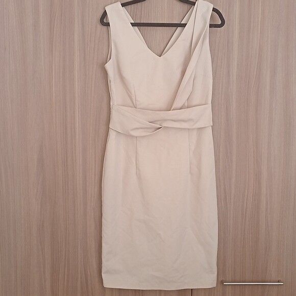 Blonde Beige Fitted V Neck Sleeveless Belted Office Midi Pencil Dress